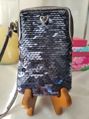 Coach Poppy Sequin Crossbody Phone Pouch in Black and Silver